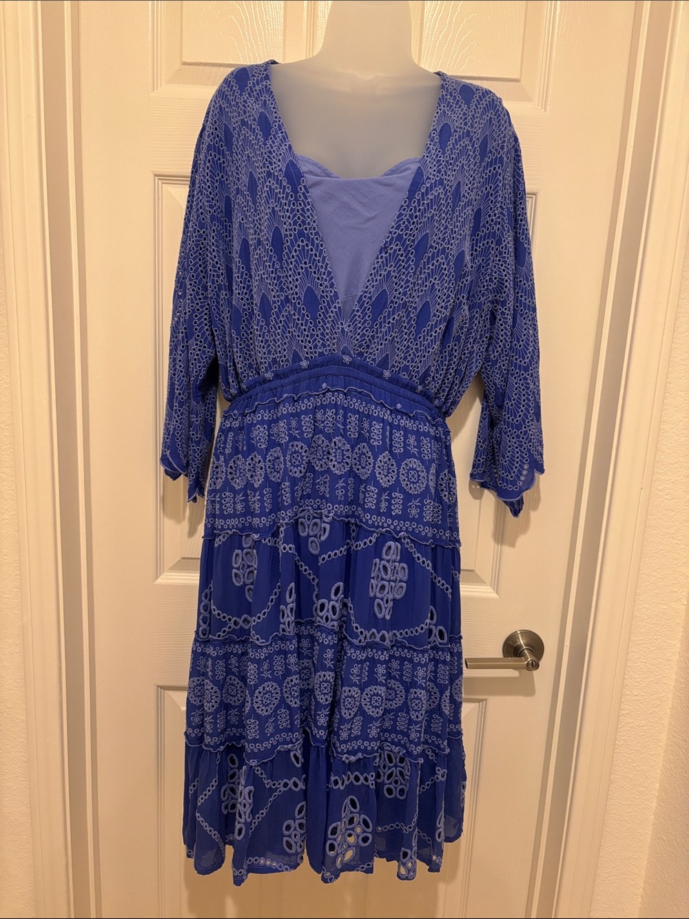 Johnny Was. Blue Printed V-Neck Tiered Midi Dress